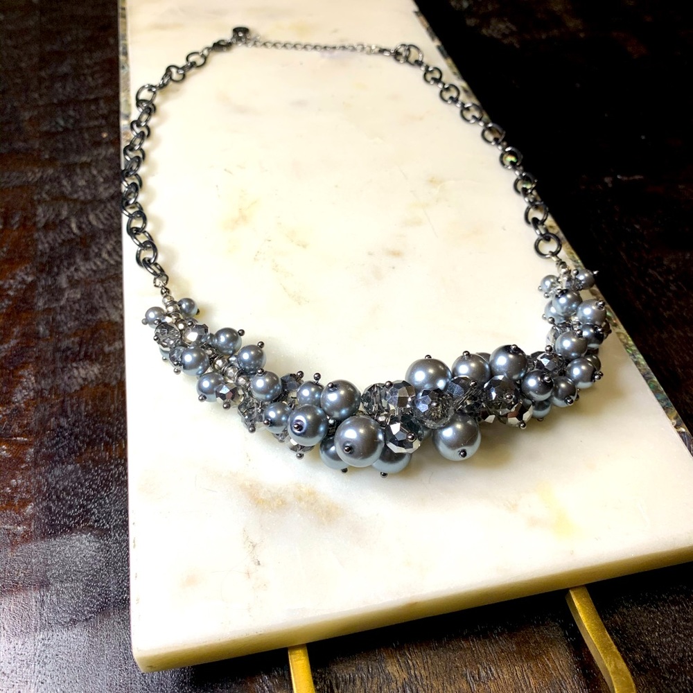 Dark gray pearls &  crystal beads gun metal chain necklace